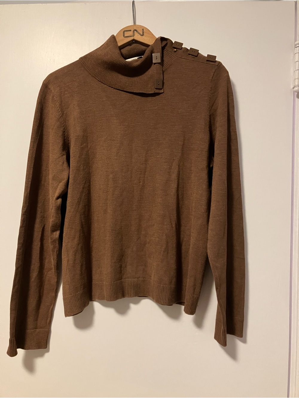 Silk Blend Women's Brown Button-Shoulder Turtleneck Sweater